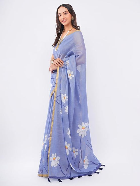 Vasthrlay Violet Daisy Floral Prints Linen Saree With Zari Border And Unstitched Blouse Piece