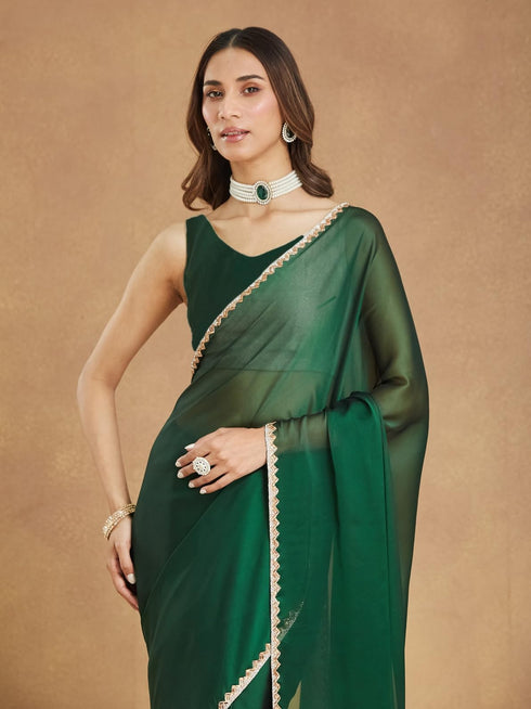 Vasthrlay Bottle Green Unstitched Saree