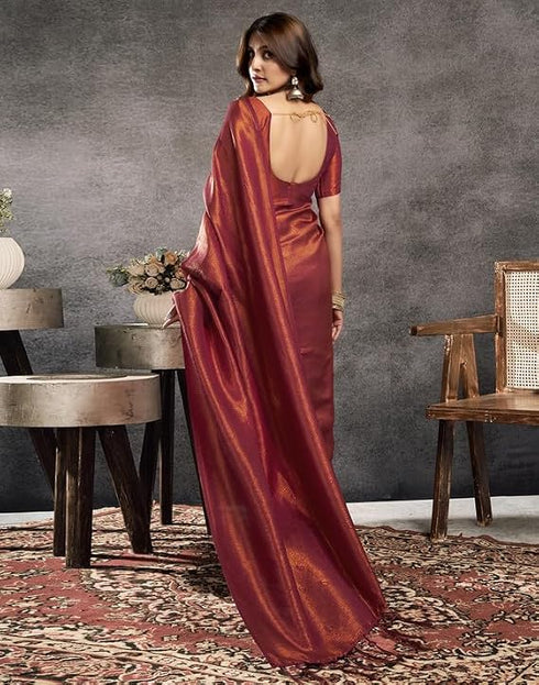 Vasthrlay Kanjivaram Banarasi Maroon Saree With Unstitched Blouse Piece