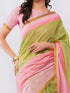 Vasthrlay Green And Pink Striped Printed Linen Saree With Pink Solid Linen Unstitched Blouse Piece