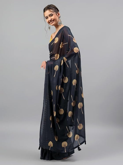 Vasthrlay Midnight Black Faux Georgette Botanical Floral Printed Saree With Unstitched Blouse