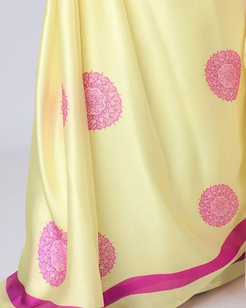 Vasthrlay Printed Kaftan Freehand Yellow Women's Floral Satin Silk Saree