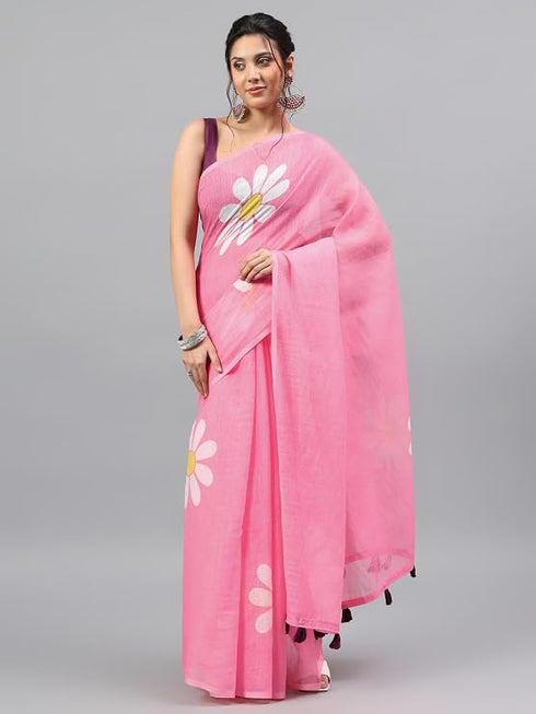 Vasthrlay Baby Pink Linen Floral Printed Saree With Solid Unstitched Linen Blouse Piece