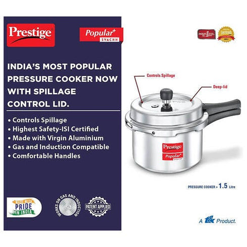 Prestige Popular Plus Svachh Virgin Aluminium Spillage Control Pressure Cooker Silver 2 L