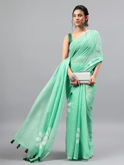 Vasthrlay Green Womens Ready To Wear One Minute Linen Fabric Saree