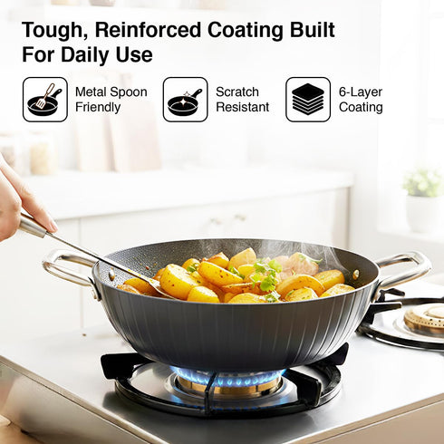 Prestige Durastone Hard Anodised 6 Layer Non-Stick Kadai with Glass Lid