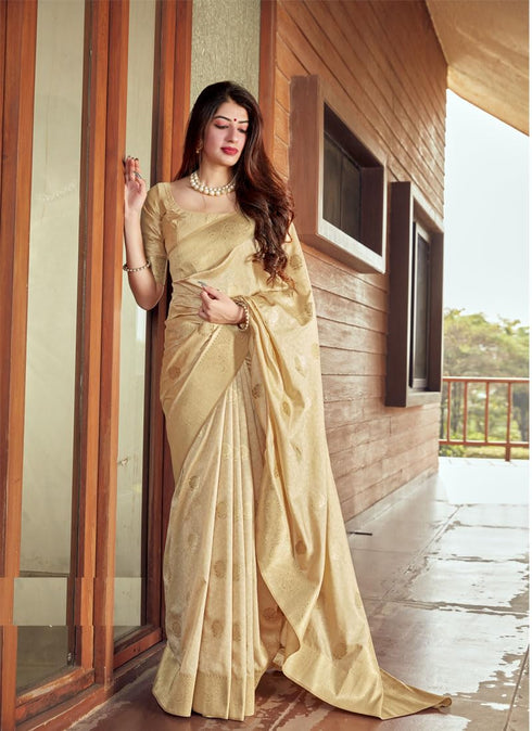 Vasthrlay Kanjivaram Soft Silk Saree | Cream with Golden Zari and Blouse Piece