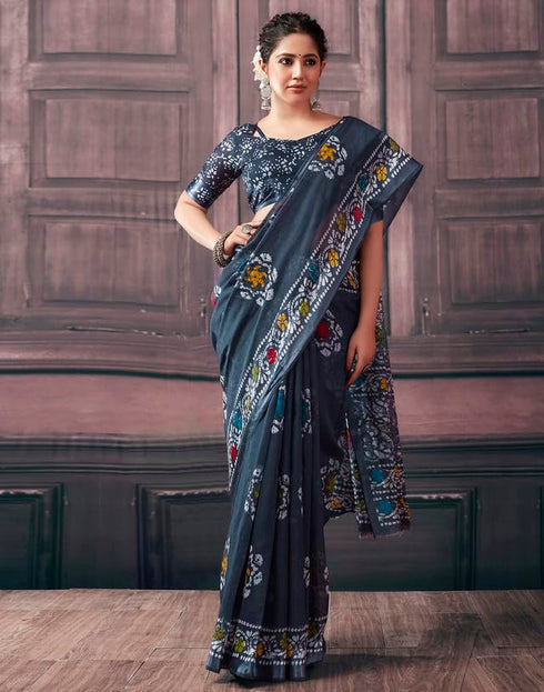 Vasthrlay Womens Printed Unstitched Green Saree