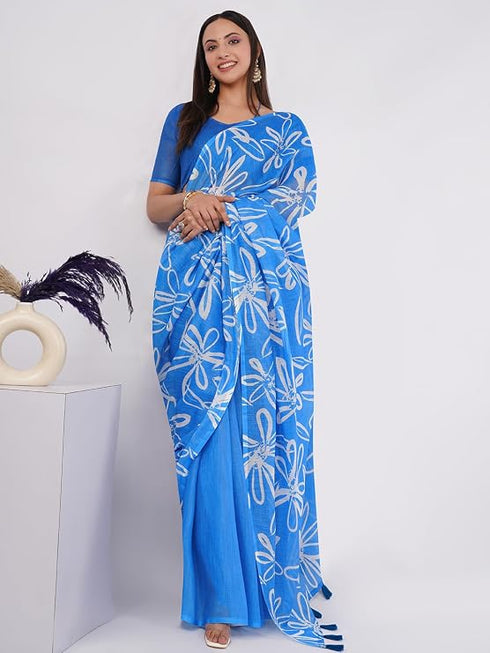 Vasthrlay Blue1 Printed Linen Saree With Unstitched Blouse Piece