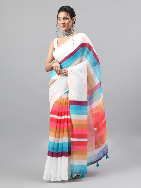 Vasthrlay White Printed Striped Linen Saree With Solid Linen Unstitched Blouse Piece For Women