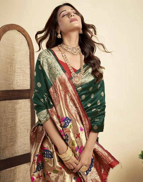 Vasthrlay Paithani Kanjivaram Unstitched Red Saree