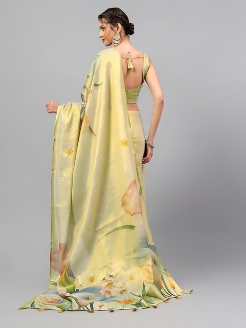 Vasthrlay Beige1 Floral And Solid Design Polyester Saree With Unstitched Blouse Piece