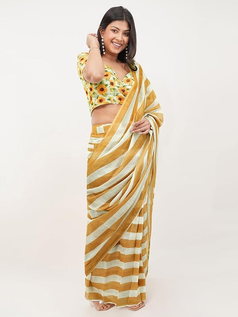 Vasthrlay Yellow Striped | Floral | Solid Print Design Linen Saree With Solid Unstitched Linen Blouse Piece