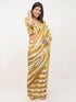 Vasthrlay Yellow Striped | Floral | Solid Print Design Linen Saree With Solid Unstitched Linen Blouse Piece