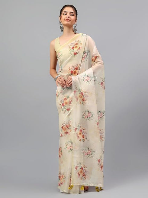 Vasthrlay Pastel Green2 Sheer Floral Printed Art Chiffon Saree With Unstitched Blouse