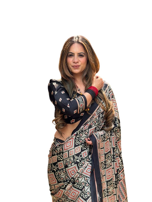 Vasthrlay Ajrakh Saree Crepe