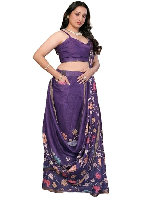 Vasthrlay Purple Floral Print Ready To Wear Linen Saree