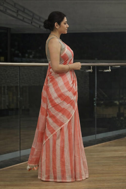 Vasthrlay Striped Orange Kalamkari Bridal