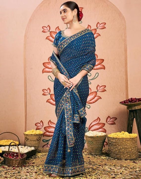 Vasthrlay Bandhani Embroidery Unstitched Rama Green Saree