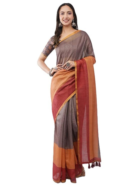 Vasthrlay Women'S Multicolor1Chevron Printed Linen Saree With Unstitched Blouse