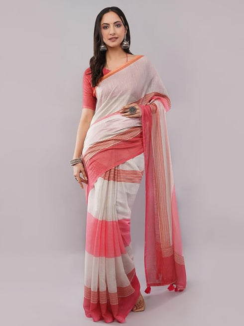 Vasthrlay Red Linen Floral | Striped | Check Design Printed Saree With Solid Unstitched Linen Blouse Piece