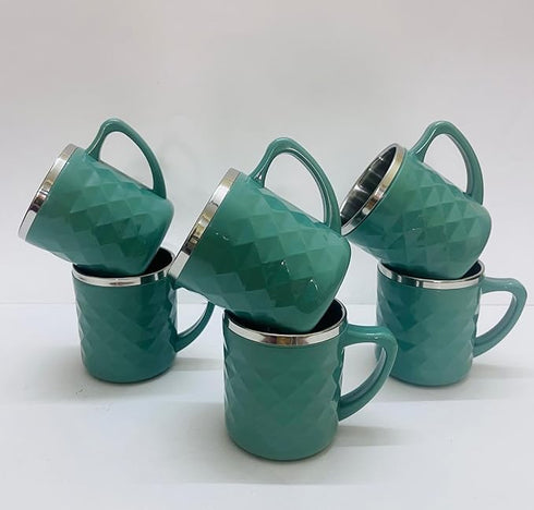 Stainless Steel Tea Cups with Diamond Pattern, 200 ml, Set of 6