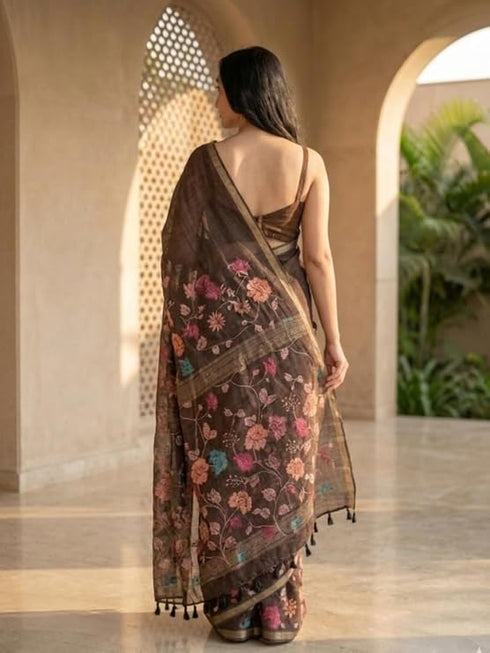 Vasthrlay Brown Floral Linen Saree With Solid Black Unstitched Blouse