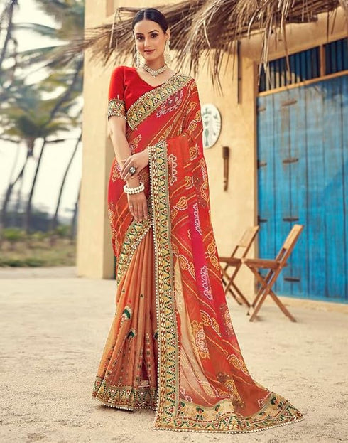 Vasthrlay Bandhani Embroidery Unstitched Red Saree