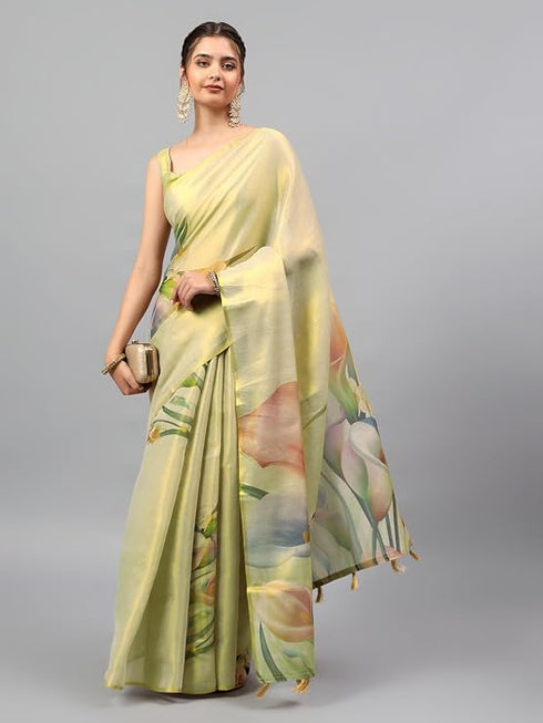 Vasthrlay Beige1 Floral And Solid Design Polyester Saree With Unstitched Blouse Piece
