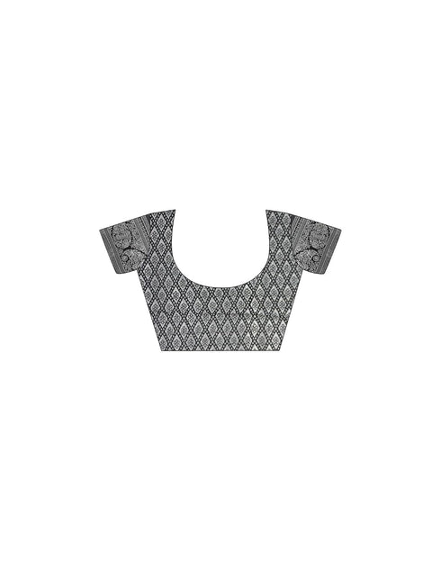 Vasthrlay Kanjivaram Banarasi Wedding White And Black Saree With Unstitched Blouse Piece