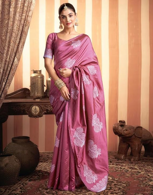 Vasthrlay Womens Kanjivaram Unstitched Dusty Pink Saree