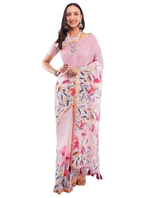 Vasthrlay Pink1 Women'S Chevron Printed Linen Saree With Unstitched Blouse