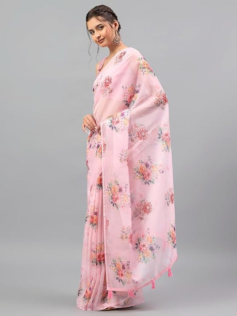Vasthrlay Pastel Pink3 Sheer Floral Printed Art Chiffon Saree With Unstitched Blouse