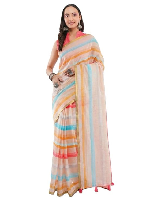 Vasthrlay Multicolour Women'S Blue And White Chevron Printed Linen Saree