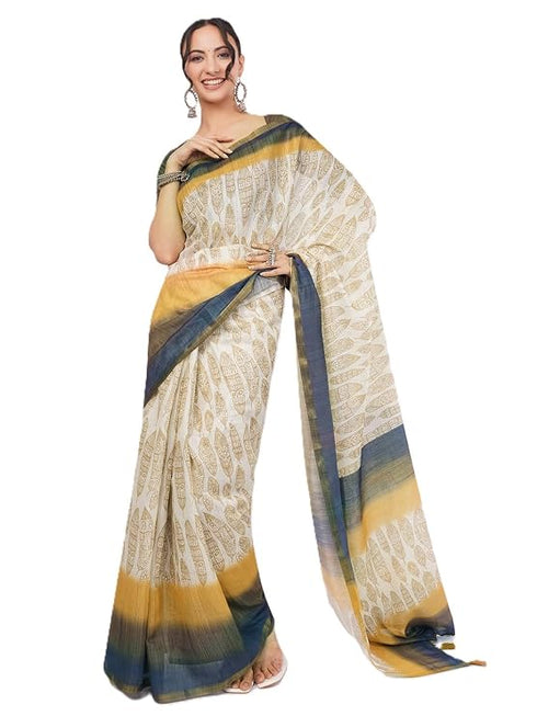 Vasthrlay Womens Beige Daisy Floral Prints Linen Saree With Zari Border And Unstitched Blouse Piece