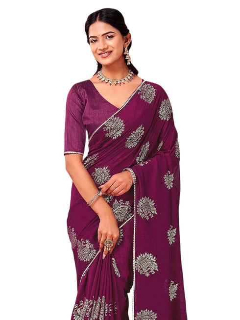 Vasthrlay Vichitra Printed Unstitched Rani Pink Saree