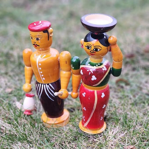 PALJJI HANDICRAFTS Wooden Figurine Indian Farmer Couple Human Figure