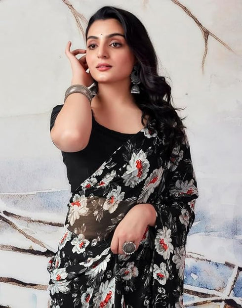 Vasthrlay Georgette Sequence Unstitched Black Saree