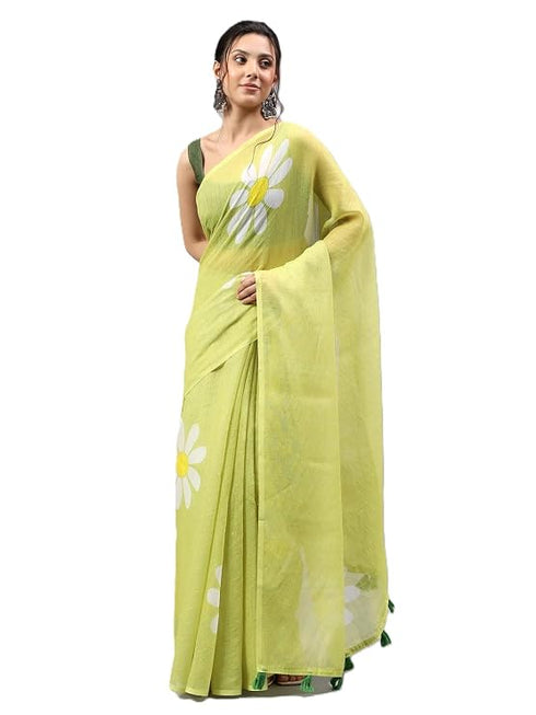 Vasthrlay Green1 Linen Floral Printed Saree With Solid Unstitched Linen Blouse Piece