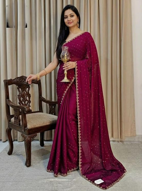 Vasthrlay Dailywear Maroon Georgette Stone Work Saree with Border | All-Over Stone Embellishments