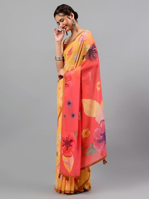 Vasthrlay Yellow Womens Floral Printed Ombre Ready To Wear One Minute Faux Georgette Saree