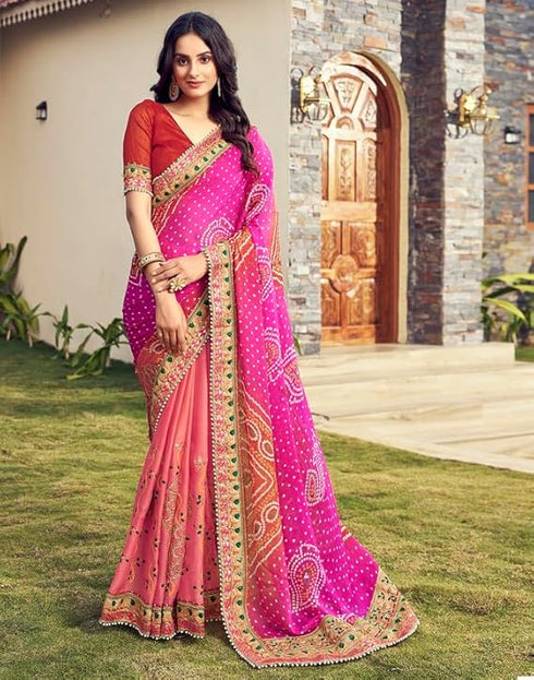 Vasthrlay Bandhani Embroidery Unstitched Red Saree