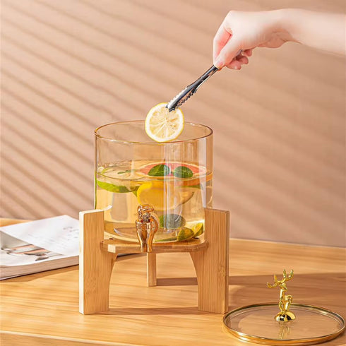 PrimeWorld Glass Water Beverage Dispenser with Wooden Stand