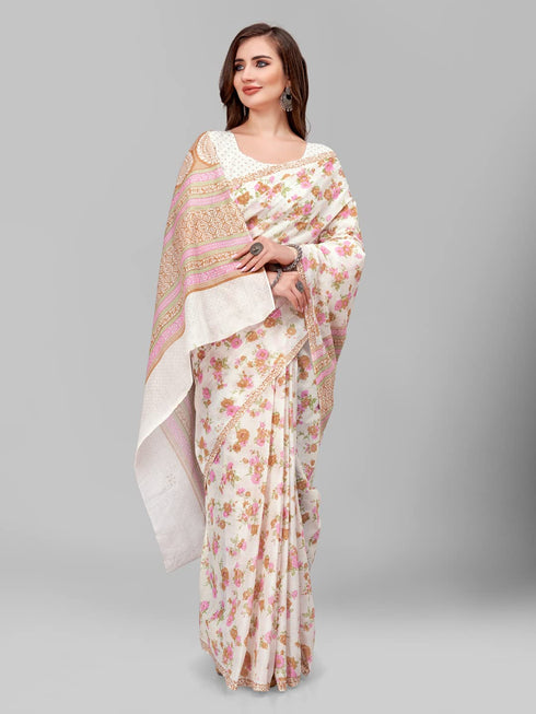 Vasthrlay Cotton Printed Mulmul Cream Saree