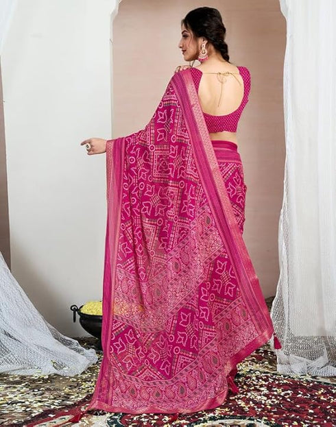Vasthrlay Chiffon Bandhani Unstitched Yellow Saree
