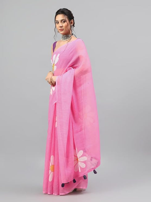 Vasthrlay Pink Linen Floral Printed Saree With Solid Unstitched Linen Blouse Piece