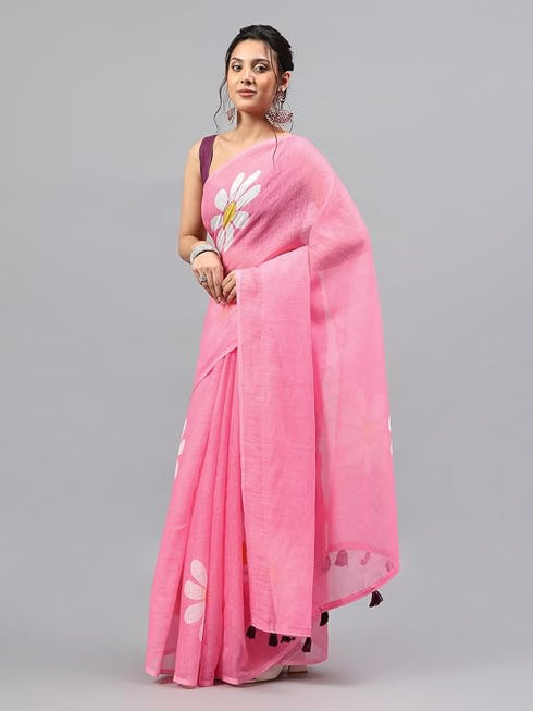 Vasthrlay Baby Pink Linen Floral Printed Saree With Solid Unstitched Linen Blouse Piece