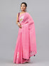 Vasthrlay Baby Pink Linen Floral Printed Saree With Solid Unstitched Linen Blouse Piece
