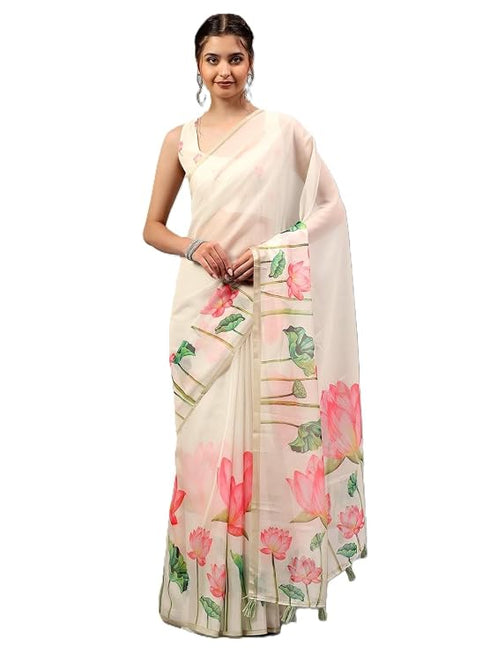 Vasthrlay Peach Floral Printed Organza Saree With Unstitched Blouse
