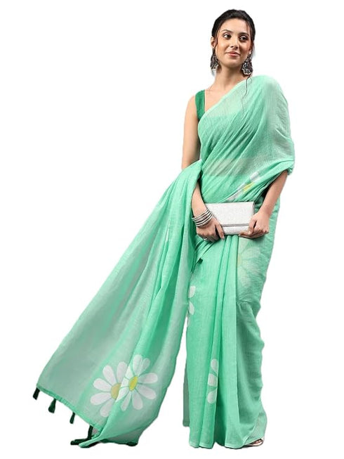 Vasthrlay Green Womens Ready To Wear One Minute Linen Fabric Saree